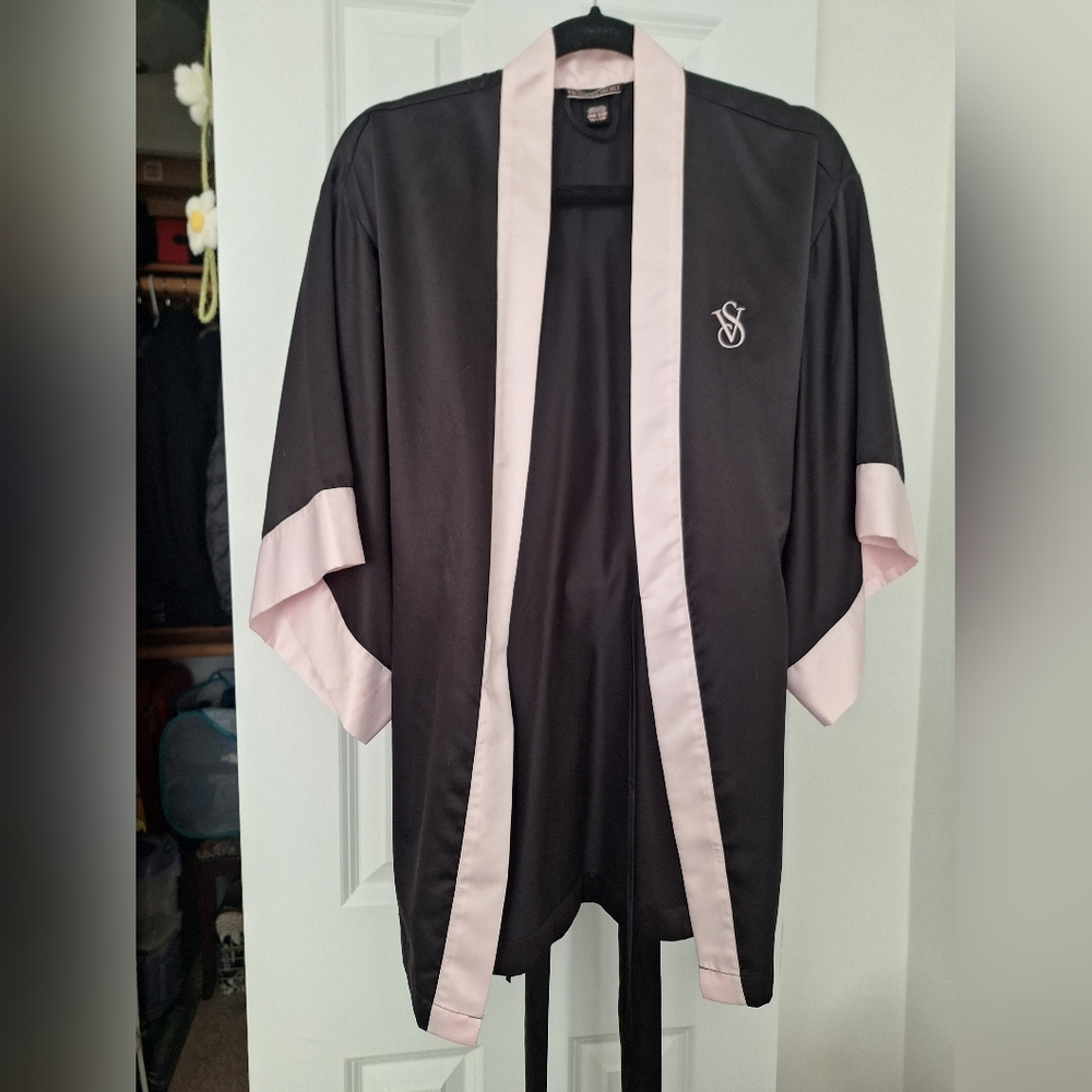 Victoria's Secret Black Kimono Robe With Pink Trim One Size Like New Condition